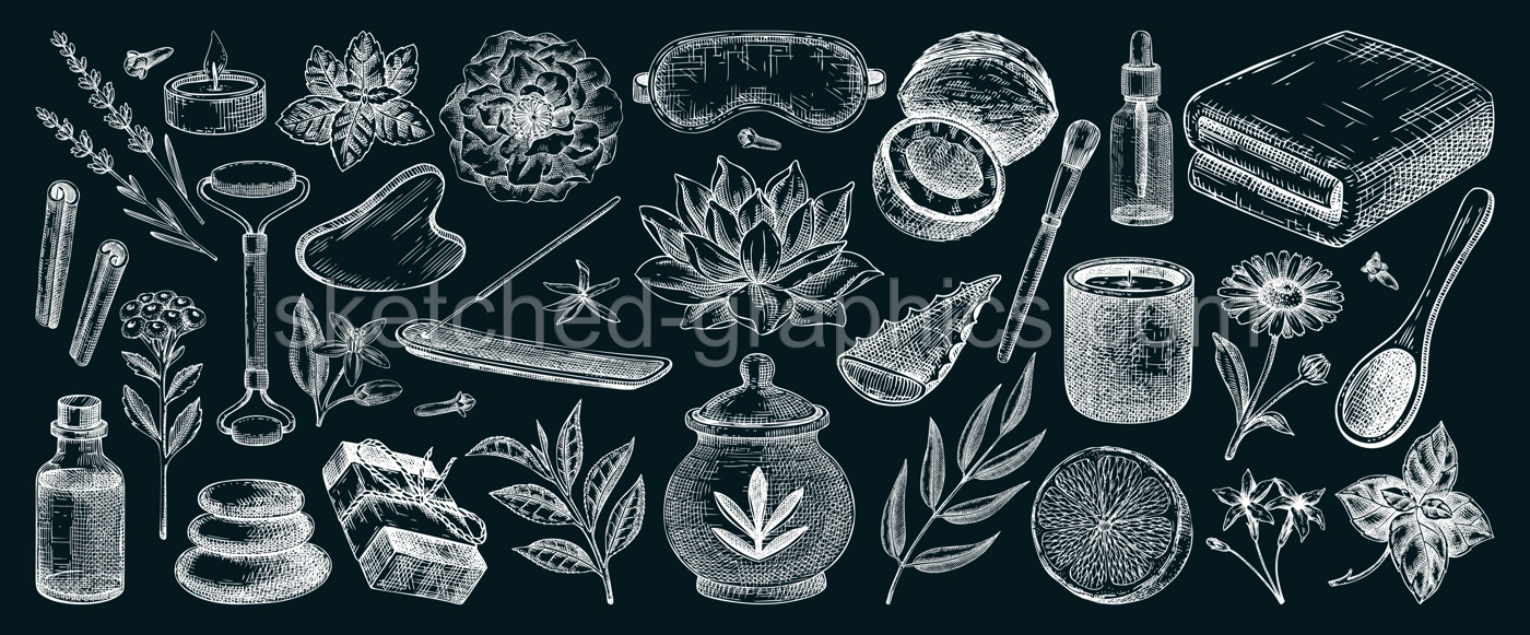 Aromatherapy, spa and wellness hand-drawn vintage illustrations. Essential oil bottle, incense holder, sleep mask, herbs, organic ingrediet sketches. Self care design elements. NOT AI generated Illustration